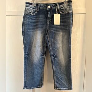 Flamingals Women’s Capri Mid-Rise Stretch Denim Accent Stitching Size L New NWT